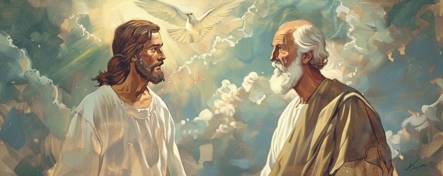 Jesus and the saint standing face to face in heaven with clouds behind them and a dove flying in the middle on shiny cloud background