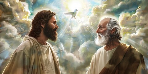 Jesus and the saint standing face to face in heaven with clouds behind them and a dove flying in the middle on shiny cloud background