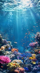 Wall Mural - underwater coral reef with colorful fish and sea plants and sun shining from above
