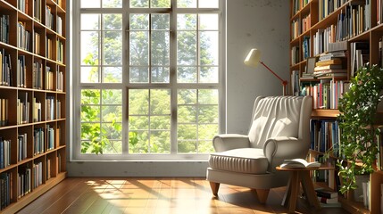 Inviting reading nook with an armchair and bookshelves