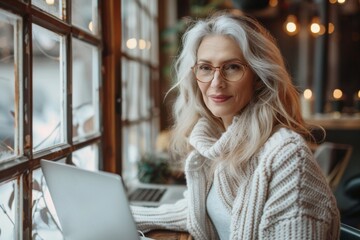 Canvas Print - Woman with glasses looking out window at laptop