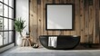© dinny - Modern bathroom with black freestanding bathtub contrasting with wooden walls
