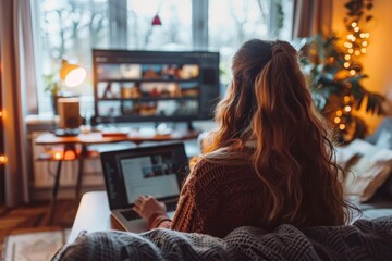 Sticker - Woman using laptop on couch by window