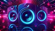 © dinny - music speaker with neon backlight in the dark. Sound system on background of digital electronic lights.