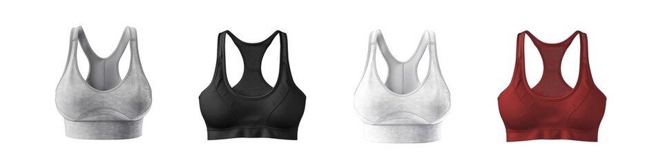 Wall Mural - The image depicts a collection of women's sports bras on display, showcasing various designs and styles for active wear isolated on transparent background cutout png