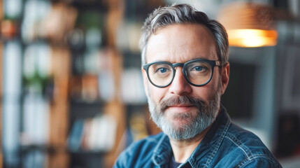 Wall Mural - Close-up portrait of a middle-aged man with a beard and glasses, looking directly at the camera