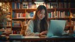 © imlane - a young female college student is sitting behind a table, using laptop, joyful, happy, perfect smile, background books, in book room, long shot, realistic picture, masterpiece, very detailed, natural