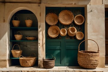 Lose yourself in the intricate details of the basketry objects displayed outside a shop in Gallipoli, Italy. The natural fibers used in each piece are expertly woven into stunning designs, ranging fro