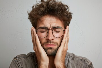 Canvas Print - Person hiding face with hands and wearing glasses