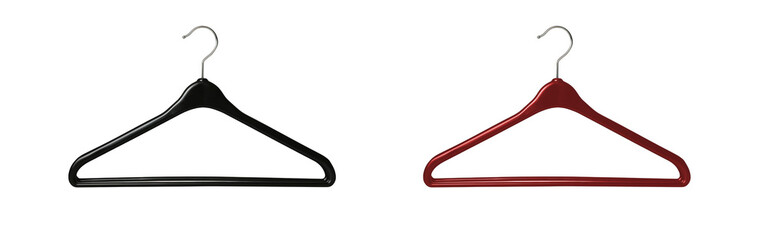 The overhead view displaying black and red plastic clothing hangers embodies a minimalist and practical design concept isolated on transparent background cutout png