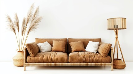 Wall Mural - Cozy brown sofa, lamp and vase with pampas grass isolated on white background 