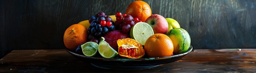 Wall Mural - An assortment of fresh jamrul fruits, some whole and some halved, displayed in a vintage bowl on a dark wooden table