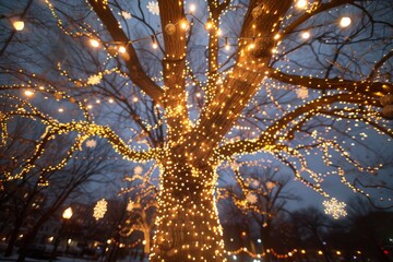 Wall Mural - Tree lit by lights in snow