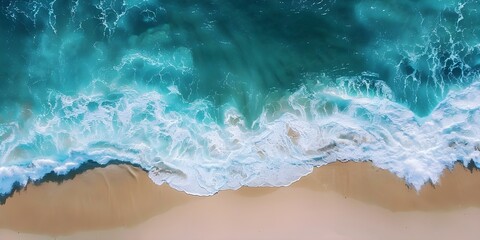 Wall Mural - Aerial drone view of ocean waves on a tropical beach. Concept Ocean Waves, Aerial View, Tropical Beach, Drone Photography