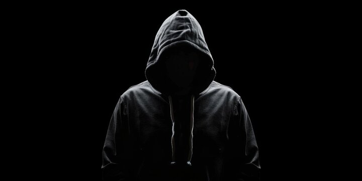 Faceless man in hoodie standing isolated on black, technical IT man, concept of hacker, thief, dark demon, mysterious creature, halloween character, secret, HD wallpaper, background, generated by AI