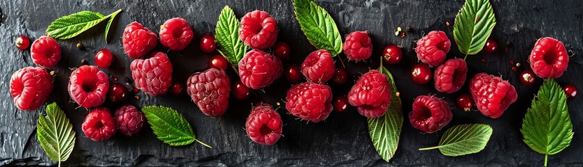 Poster - Bright red raspberries, some picked and some scattered, arranged on a slate board with a few green leaves