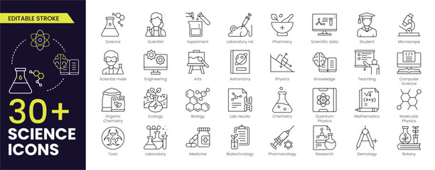 Science Editable Stroke Icon. Containing biology, laboratory, experiment, scientist, research, physics, chemistry and more icons. Science education symbol. Editable Outline icon.