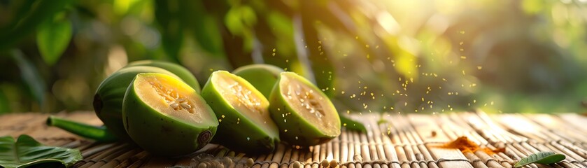 Freshly cut African pawpaw with its seeds visible, on a bamboo mat with a blurred garden background, early morning light