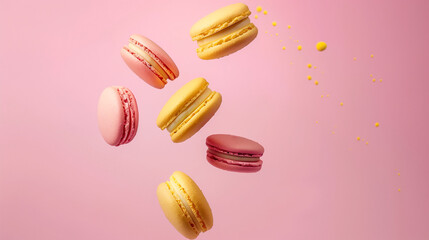 Wall Mural - Studio photo showcases pink and yellow pasta desserts against charming backdrop. Ideal for confectionery.