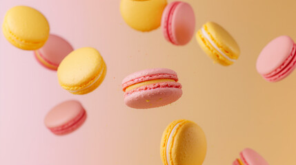 Wall Mural - Vibrant pink and yellow pasta desserts float in studio air. Perfect for confectionery ads.