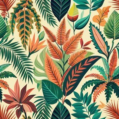 Wall Mural - seamless pattern of tropical plants like ferns, bromeliads, and alocasia leaves, generative ai