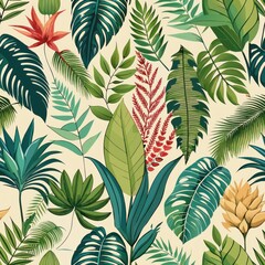 Wall Mural - seamless pattern of tropical plants like ferns, bromeliads, and alocasia leaves, generative ai