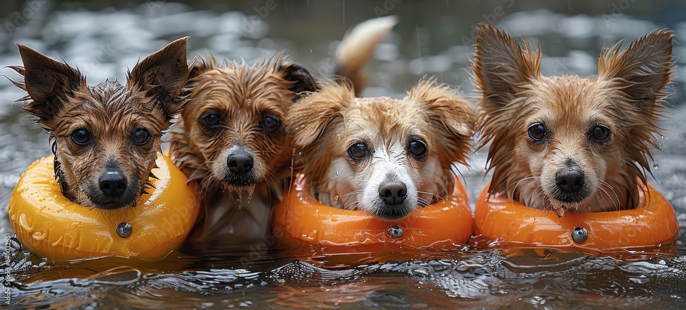 5 cute dogs wearing flotation vests floating in water from hurricane. Generative AI.