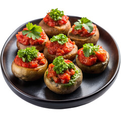 Wall Mural - a plate of six stuffed mushrooms topped with a red sauce and garnished with green herbs, possibly parsley