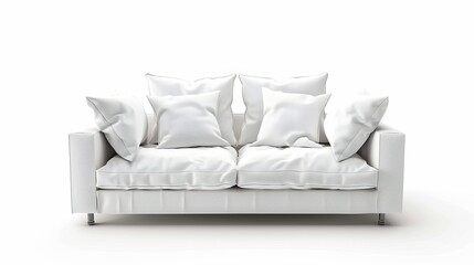 Wall Mural - Isolated against a white backdrop is a sleek, modern white sofa with pillows. Furniture Collection