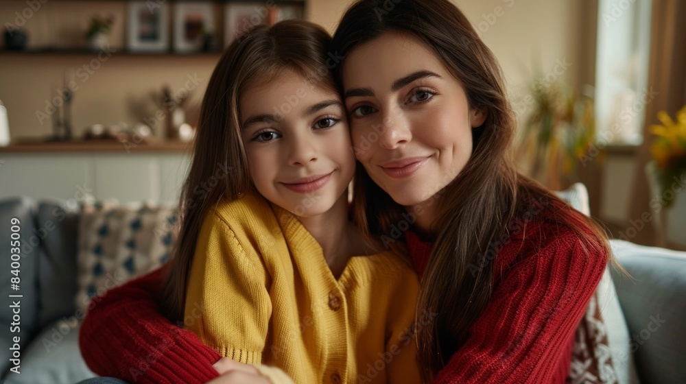 Warm family moment of a mother and daughter hugging indoors. Cozy home ...