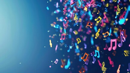 A cascade of colorful musical notes flowing from the top of the frame against a deep blue background, giving the sense of music filling the air.
