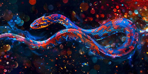 Wall Mural - A vivid digital illustration of a snake with intricate patterns of bright blue, orange, and red scales. The background features an abstract array of colorful,