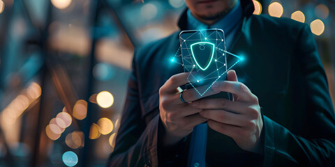 Cybersecurity and privacy concepts to protect data. Businesses use smartphones with cyber security technology for protecting personal data and secure internet access design