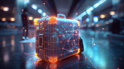 Leinwandbilder - Polygon suitcase, highlighted with connected triangles, bright connecting lines. Generative AI.