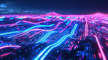 A digital landscape of flowing source code, with lines of C++ streaming over a virtual terrain that mimics a cityscape at night, highlighted by neon blue and pink lights.