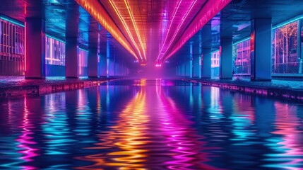 Wall Mural - a dramatic neon-lit bridge over a calm river, with reflections of the neon lights creating a colorfu