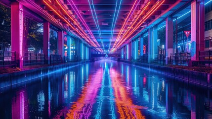 Wall Mural - A dramatic neon-lit bridge over a calm river, with reflections of the neon lights creating a colorful path across the water, blending urban architecture with natural beauty.