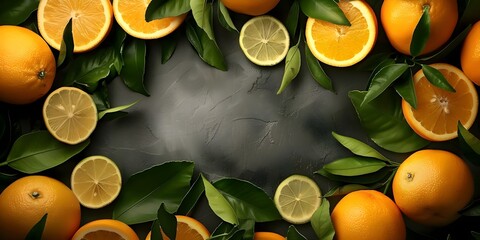 Wall Mural - Empty frame of citrus fruits and leaves on dark background. Concept Food Photography, Creative Compositions, Citrus Theme, Dark Background, Minimalist Design