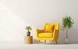 © your_inspiration - Scandinavian indoor design. Warm toned living room interior wall mockup with a yellow armchair and a background of a white wall, green plants. AI Generative.