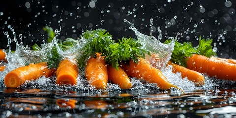 Wall Mural - Carrot slices splash into water against black background in vibrant scene. Concept Still Life, Food Photography, Splash Photography, Vibrant Colors, Black Background
