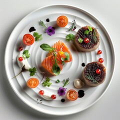 Wall Mural - Top view of a beautifully styled dish prepared according to a recipe presented with precision and attention to detail on a white plate. The ingredients neatly arranged. Generative AI.