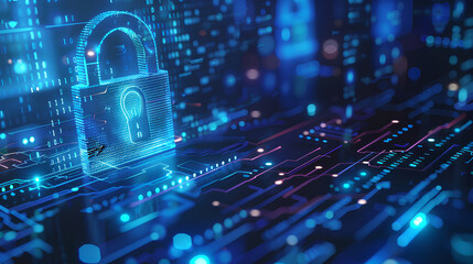 digital padlock on abstract cyber security technology blue background with binary code