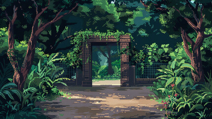 Wall Mural - 2d pixel art of wooden entrance on the park, flowers and trees, game art, 16 bits, 32 bits