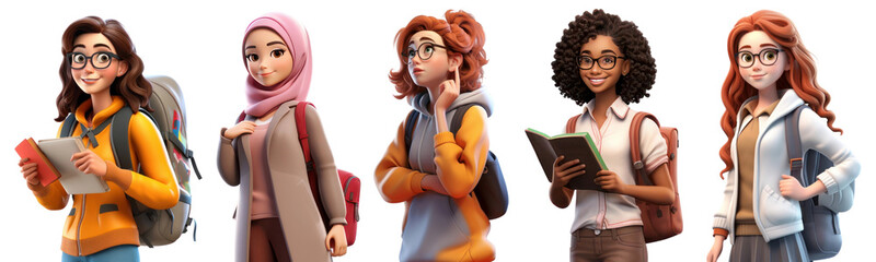 Poster - 3D diverse student character png on transparent background