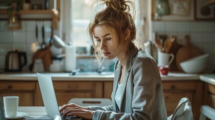 Aufkleber - Woman wearing sweatpants with a blazer. Working on a laptop, sitting at the kitchen table, face looking at the screen concentrating. Generative AI.