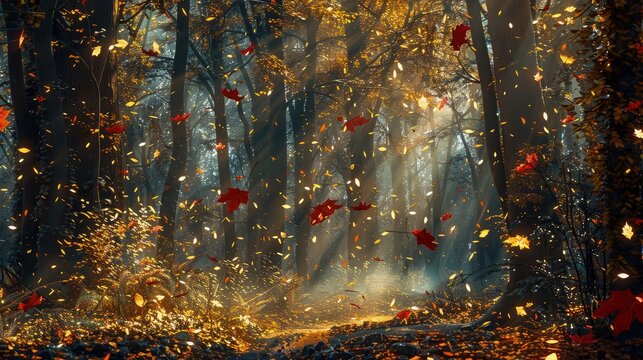 A forest bathed in the golden glow of autumn, with leaves of fiery red and gold fluttering in the breeze, creating a magical, fairy-like atmosphere.