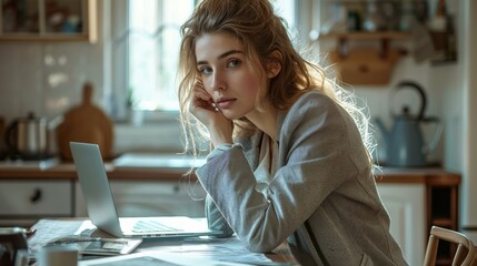 Aufkleber - Woman wearing sweatpants with a blazer. Working on a laptop, sitting at the kitchen table, face looking at the screen concentrating. Generative AI.