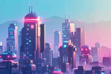 A futuristic cityscape with AI-driven robots maintaining public infrastructure