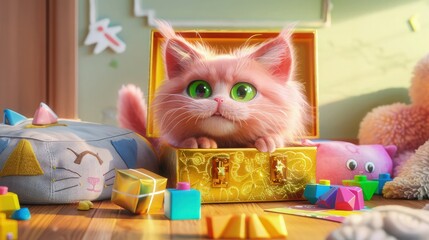 Wall Mural - A funny baby pink fluffy cat with twinkling green eyes hiding in a golden gift box 