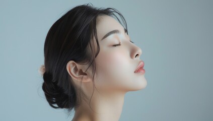 Wall Mural - Beautiful Asian woman with perfect skin, portrait of beautiful young model posing on gray background with closed eyes and open mouth in profile, skin care concept, close up side view